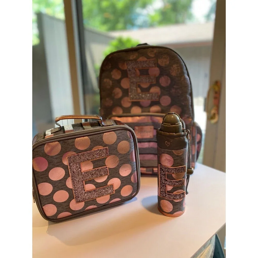 3 Piece Backpack Set: Bag, lunch box & bottle initial“E” Justice full- size